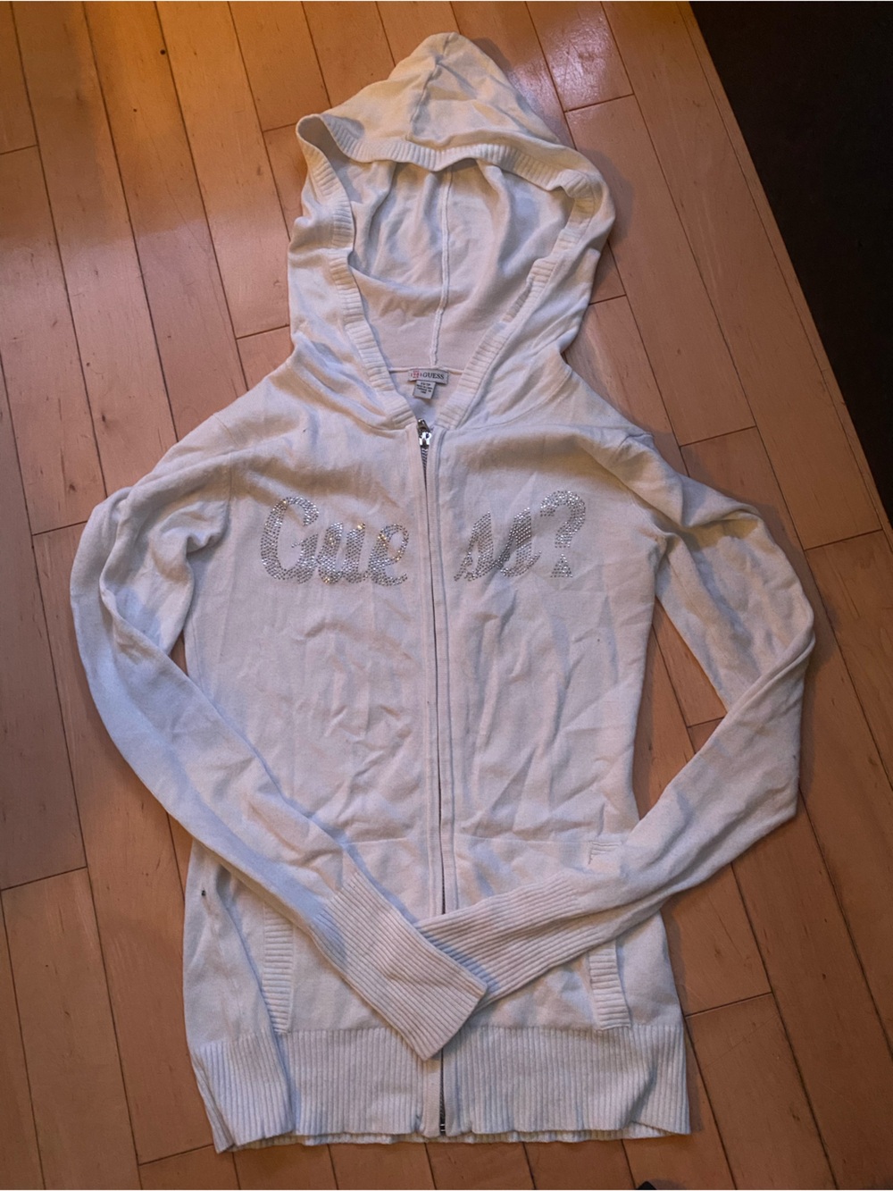 Y2K White Guess Bedazzled zip-up hoodie from 2000 // 90s aesthetic clothing